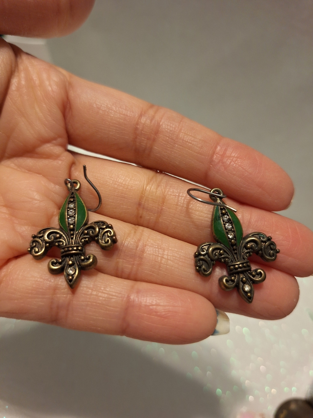 Fleur-de-Lis Drop Earrings in Green and Mini Crystals